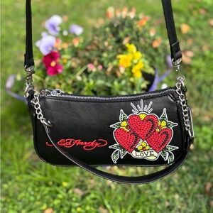Ed Hardy Black Shoulder Bag with Heart and Love Design